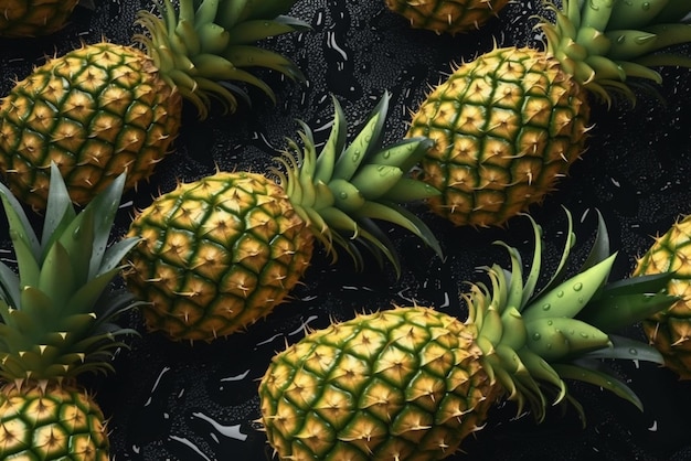 Photo un tas d'ananas sur une surface noire