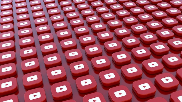 Photo un tas de badges carrés avec le logo de youtube disposés sur un fond rouge