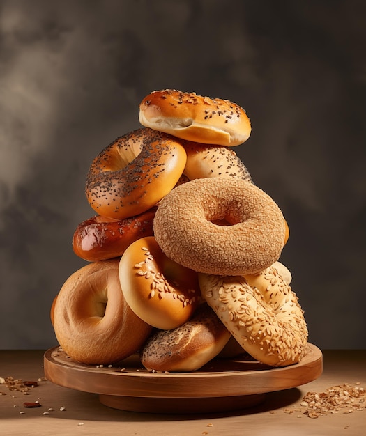 Un tas de bagels différents sur la table