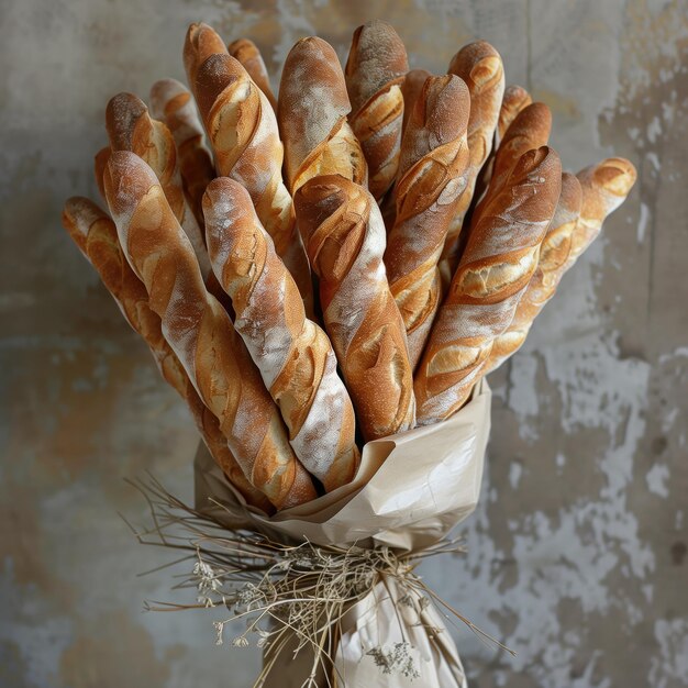 Un tas de baguettes fraîches sur un fond rustique