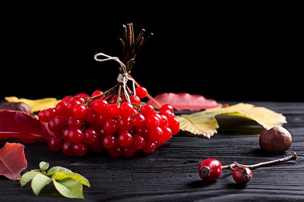 Un tas de baies de sorbier rouge sur une table en bois avec des feuilles d'automne et des cynorrhodons