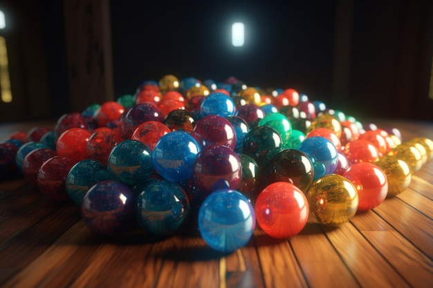 Un tas de balles sur une table avec une lumière qui brille dessus.