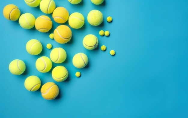 Un tas de balles de tennis sur fond bleu