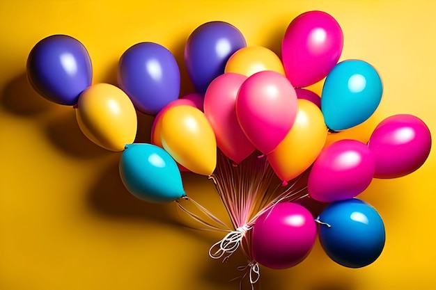 Un tas de ballons colorés sont sur un fond jaune.