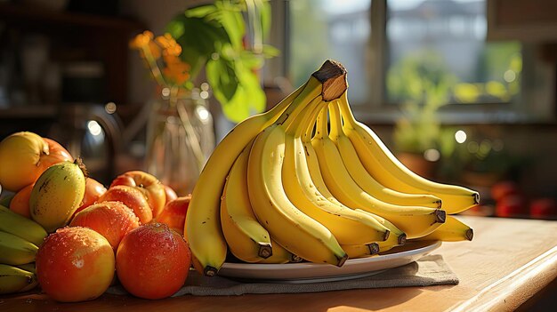 Photo un tas de bananes sur la table avec un fond flou