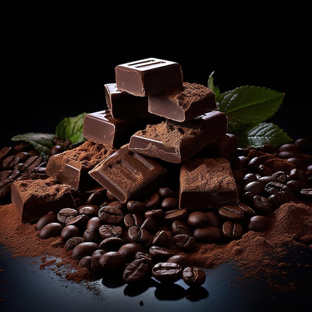 Photo un tas de barres de chocolat et de grains de café sont sur une table.