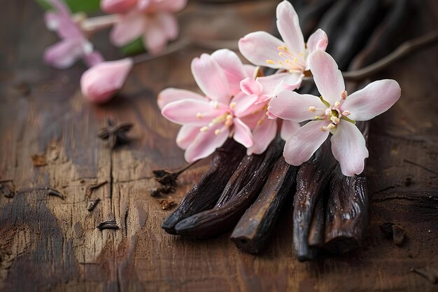 Un tas de bâtons de vanille assis sur le dessus d'une table en bois à côté de fleurs sur une branche d'un arbre