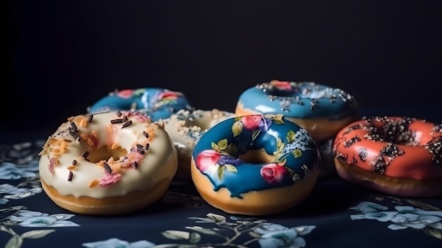 Un tas de beignets avec un glaçage bleu et des fleurs dessus