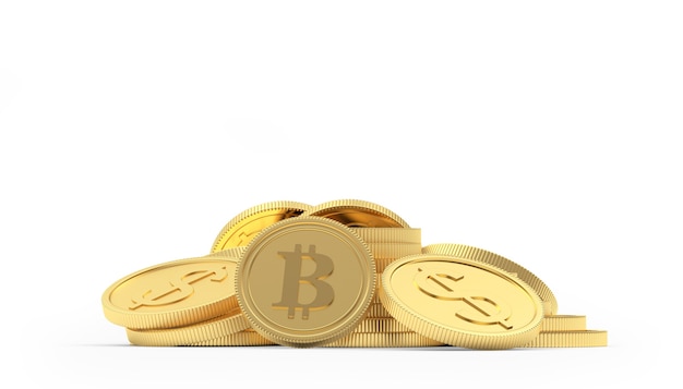 Tas de bitcoin et pièces d'or dollar rendu 3D