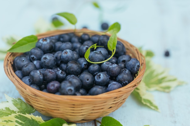 Tas de bleuets frais et de feuilles dans un panier sur une table en bois blanc