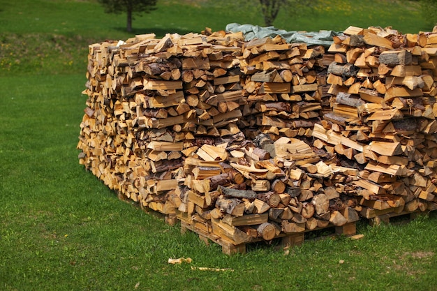 Tas de bois de chauffage empilé sur la pelouse d'herbe verte.