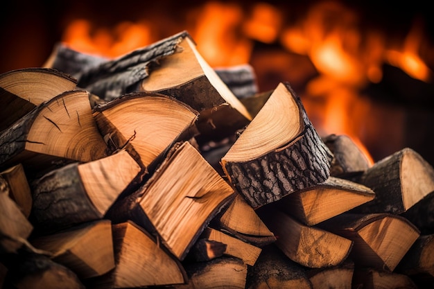 un tas de bois de chauffage avec un feu brûlant à l'arrière-plan