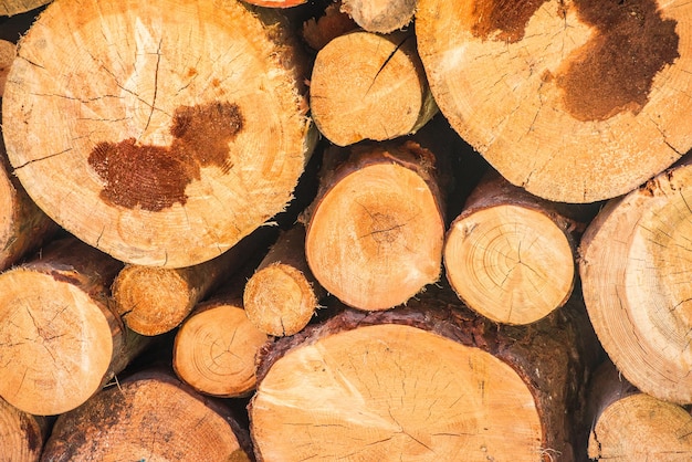 Tas de bois formant un mur. Problèmes d'écologie et de déforestation dans la nature.