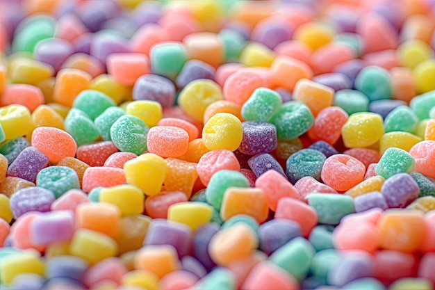 Un tas de bonbons colorés avec le mot jelly sur le dessus.