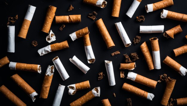 Un tas de bouchons de cigarettes sur un fond noir