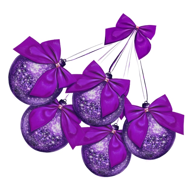 Un tas de boules de Noël violettes et brillantes avec des nœuds