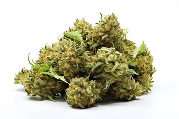 Photo tas de bourgeons de marijuana biologiques sur fond blanc