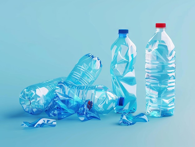 Un tas de bouteilles en plastique sur un fond bleu