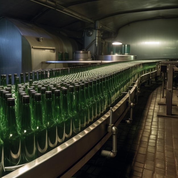 Un tas de bouteilles vertes sont sur un tapis roulant.