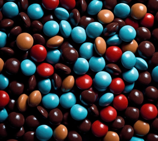 Un tas de boutons et de gouttes de bonbons chocolat bleus et rouges