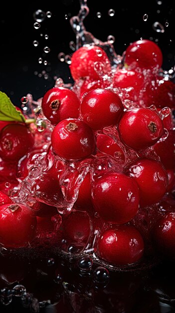 Photo un tas de canneberges rouges sont pulvérisées avec de l'eau