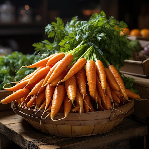 Un tas de carottes fraîches dans un panier sur une table en bois