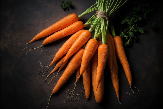 Un tas de carottes fraîches sur un fond rustique Vue de dessus