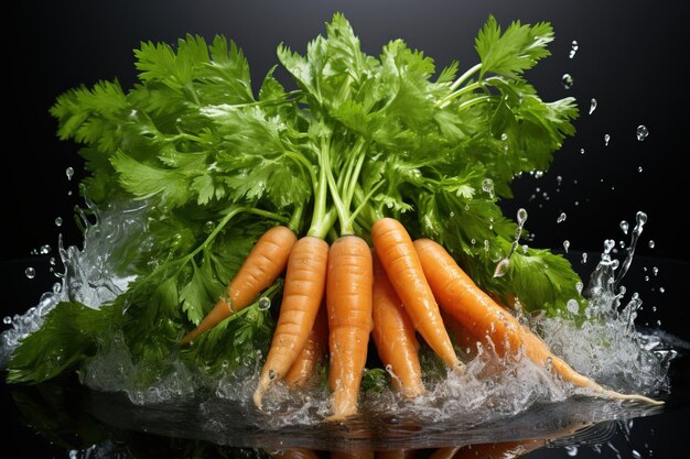 Un tas de carottes fraîches avec des gouttes d'eau sur un fond noir