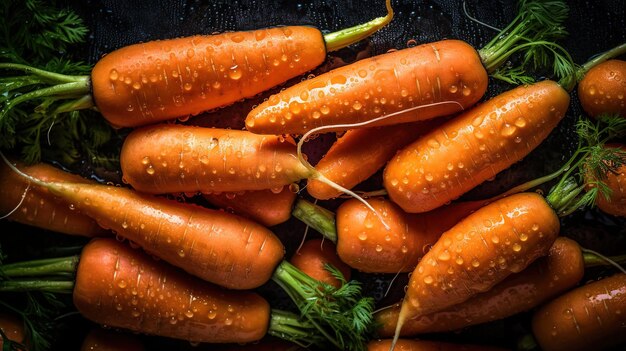 Un tas de carottes avec des gouttelettes d'eau dessus