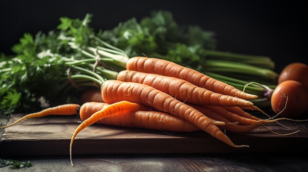 Un tas de carottes sur une planche de bois avec un fond noir