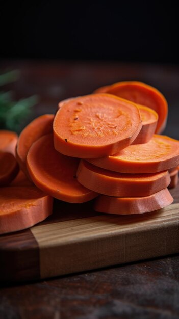 Un tas de carottes tranchées assis sur une planche à découper IA générative