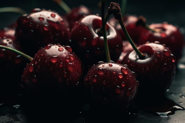 Un tas de cerises avec des gouttelettes d'eau dessus