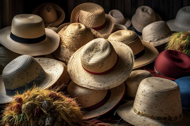 Un tas de chapeaux avec l'un d'eux sur le dessus