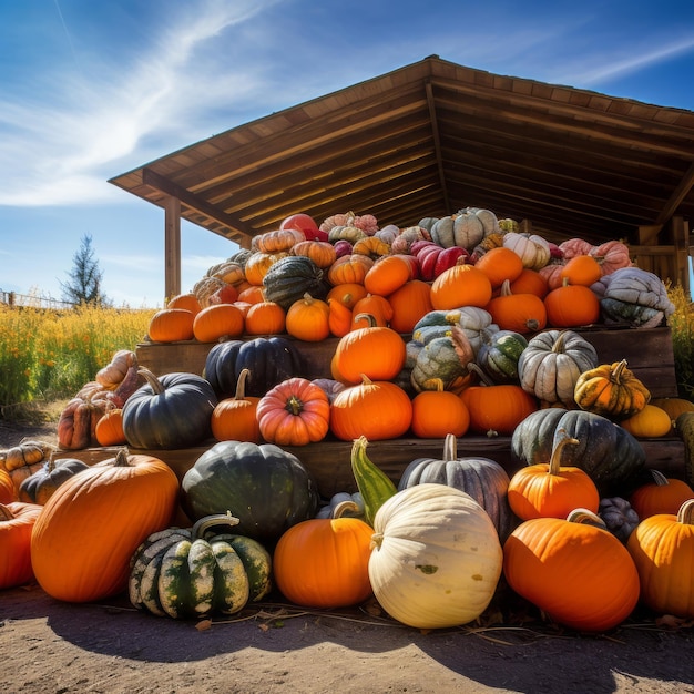 Un tas de citrouilles et de courges