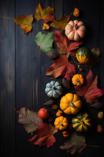 Un tas de citrouilles sur un fond en bois foncé avec des feuilles d'automne.