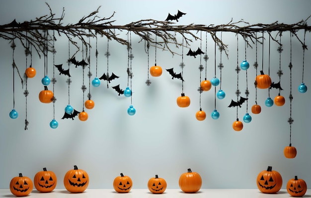 un tas de citrouilles d'Halloween sont suspendues à une branche avec des chauves-souris suspendues aux branches.