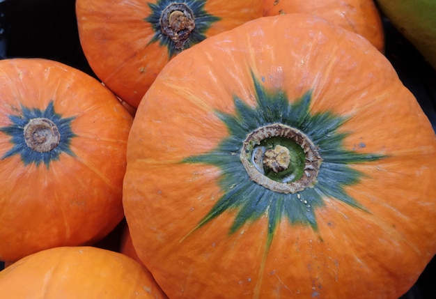 Tas de citrouilles tropicales mûres de couleur orange vibrante sur le marché