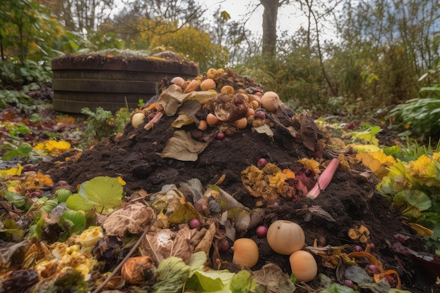 Tas de compost de déchets alimentaires dans un jardin montrant la valeur des déchets alimentaires en tant que ressource