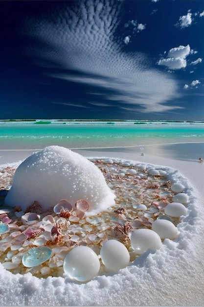 Tas de coquillages assis au sommet d'une plage de sable Generative Ai