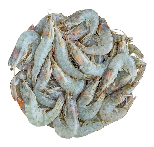 Un tas de crevettes vannamei ou de crevetes blanches du Pacifique isolées sur un sentier de coupe à fond blanc Vue supérieure