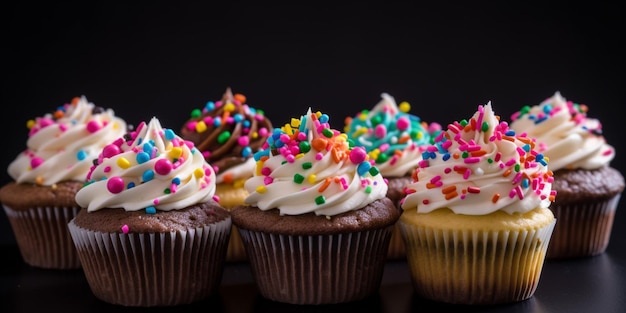 Un tas de cupcakes de différentes couleurs et le mot gâteau dessus