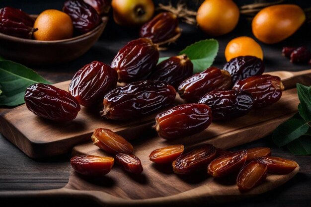 Photo un tas de dattes sont sur une table avec d'autres fruits