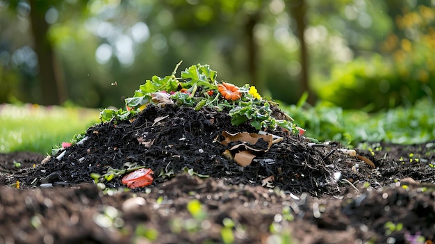 Photo un tas de déchets de jardin, y compris des boutures d'herbe, laisse des fleurs et des pelures de légumes prêtes à être compostées.