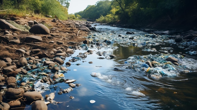 Photo des tas de déchets plastiques s'accumulent dans les rivières et polluent l'eau