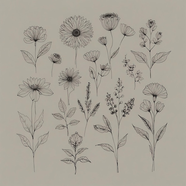 Un tas de dessins de fleurs d'art de ligne simples et minimales