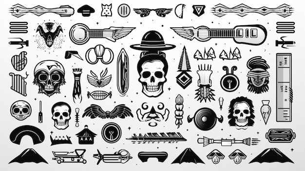 un tas de dessins et de symboles différents sont affichés en IA générative en noir et blanc