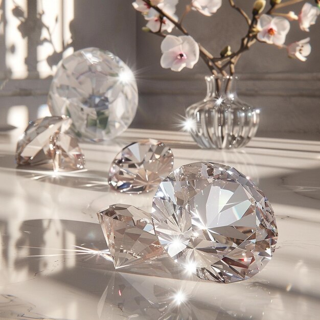 un tas de diamants sont sur une table avec une fleur au milieu