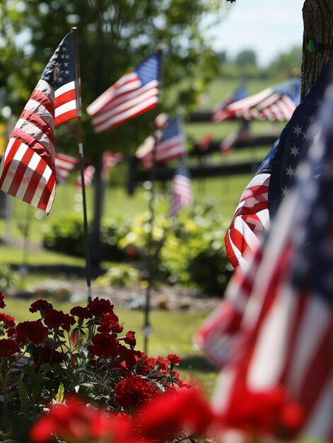 Un tas de drapeaux américains sont accrochés à un arbre.