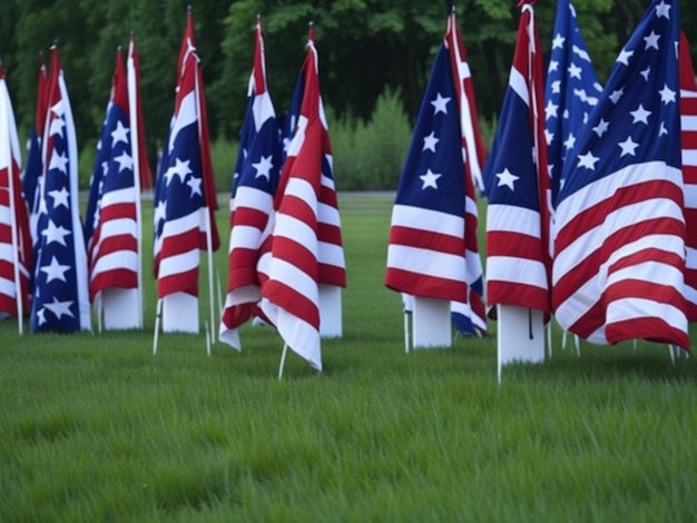 Un tas de drapeaux américains sont alignés dans un champ.