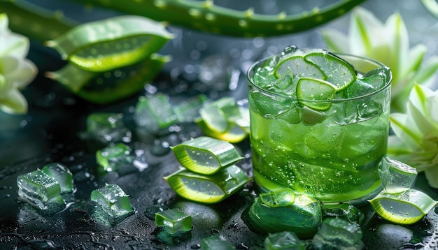 Un tas de feuilles d'aloe vera vertes avec certaines d'entre elles coupées en deux par une image générée par AI